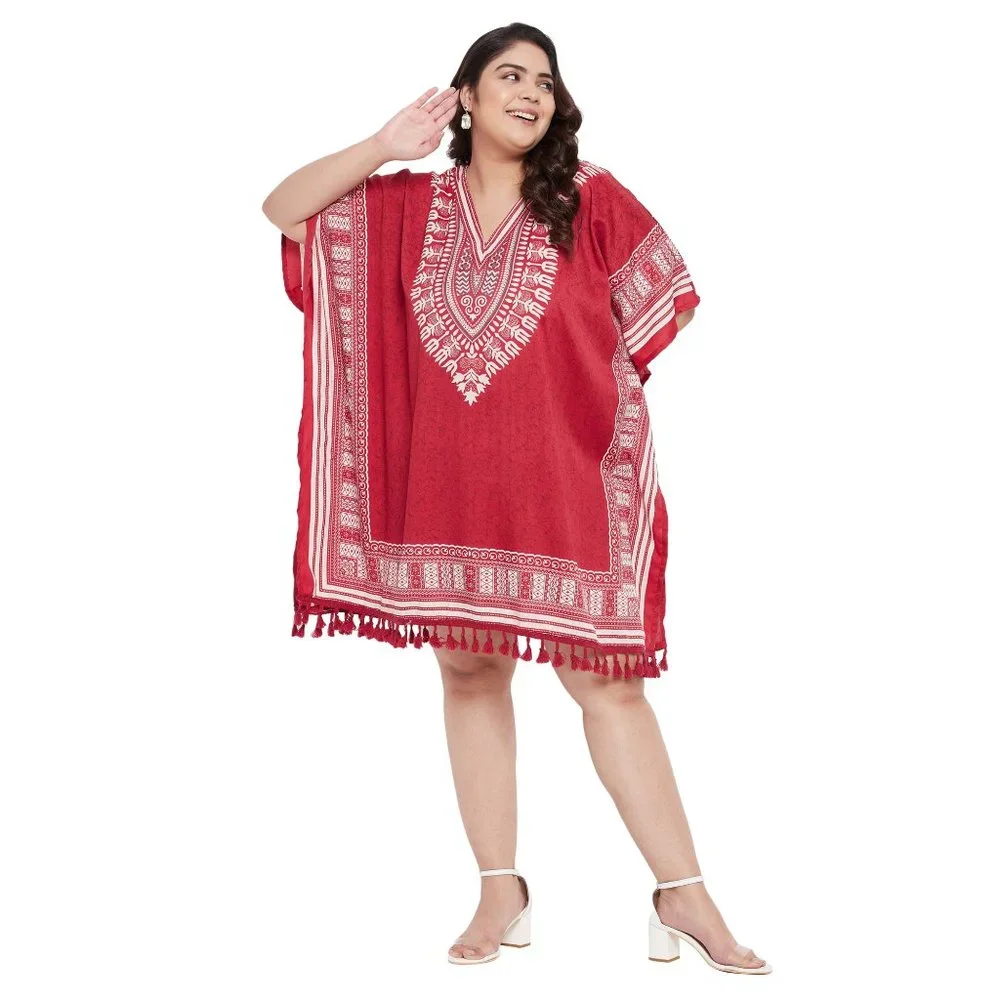Dashiki Printed Red Polyester Short Caftan Tunic Dress for Women by Gypsie Blu - Picture 7 of 8